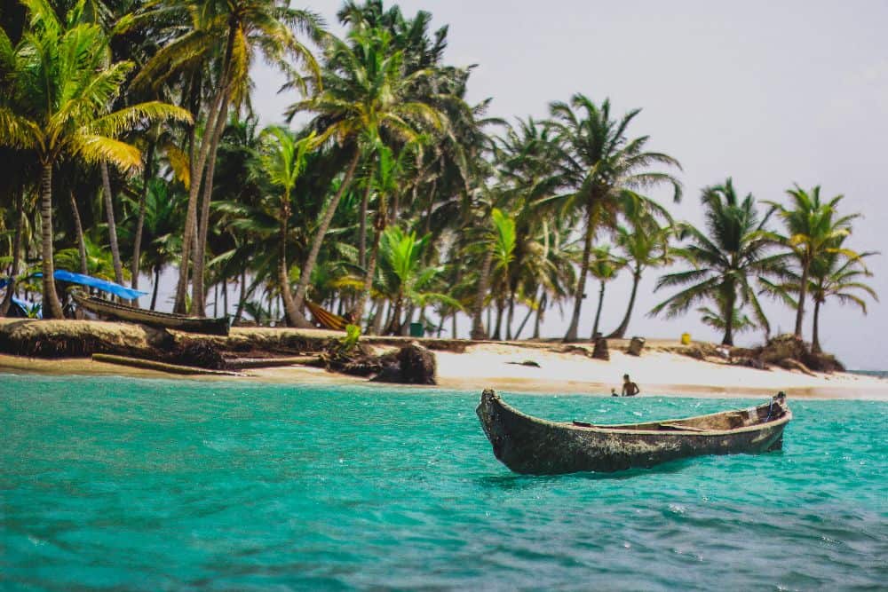 Ein Luxusreisen-Boot im Wasser in der Nähe eines Strandes mit Palmen.